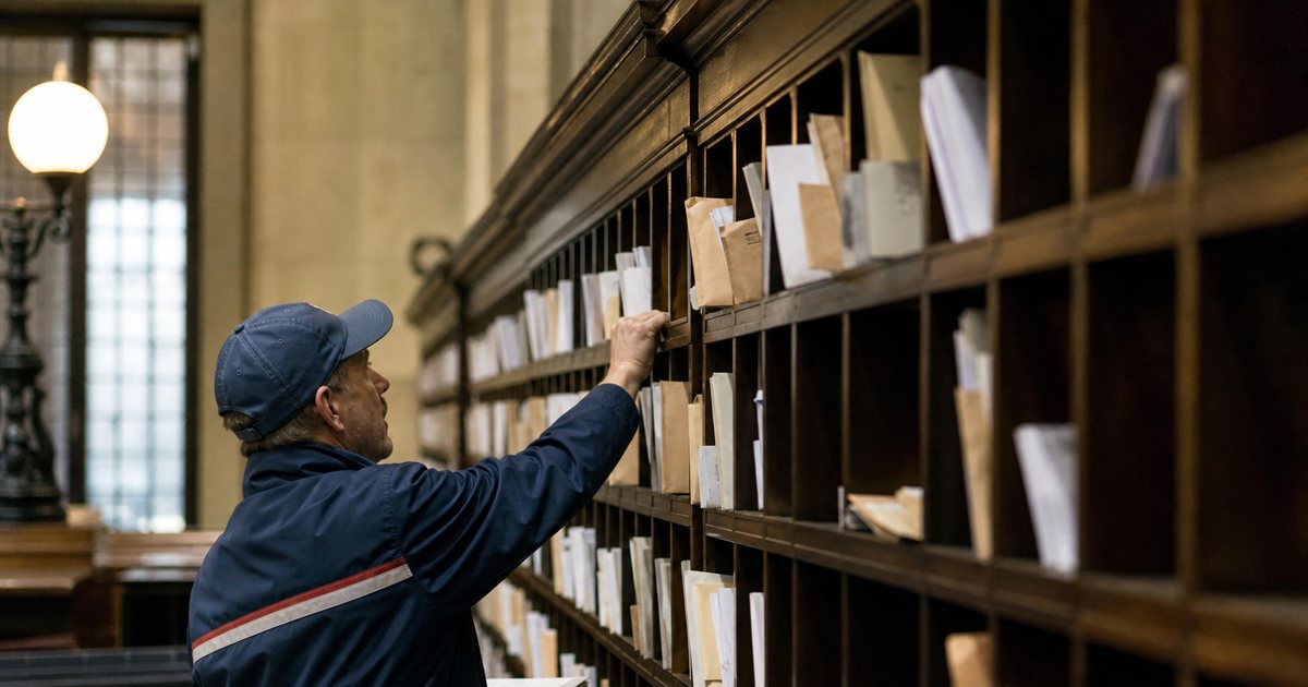 A postal worker sorting envelopes into a tall wall of wooden mailbox slots inside an old post office, warm light, envelopes seen from a distance