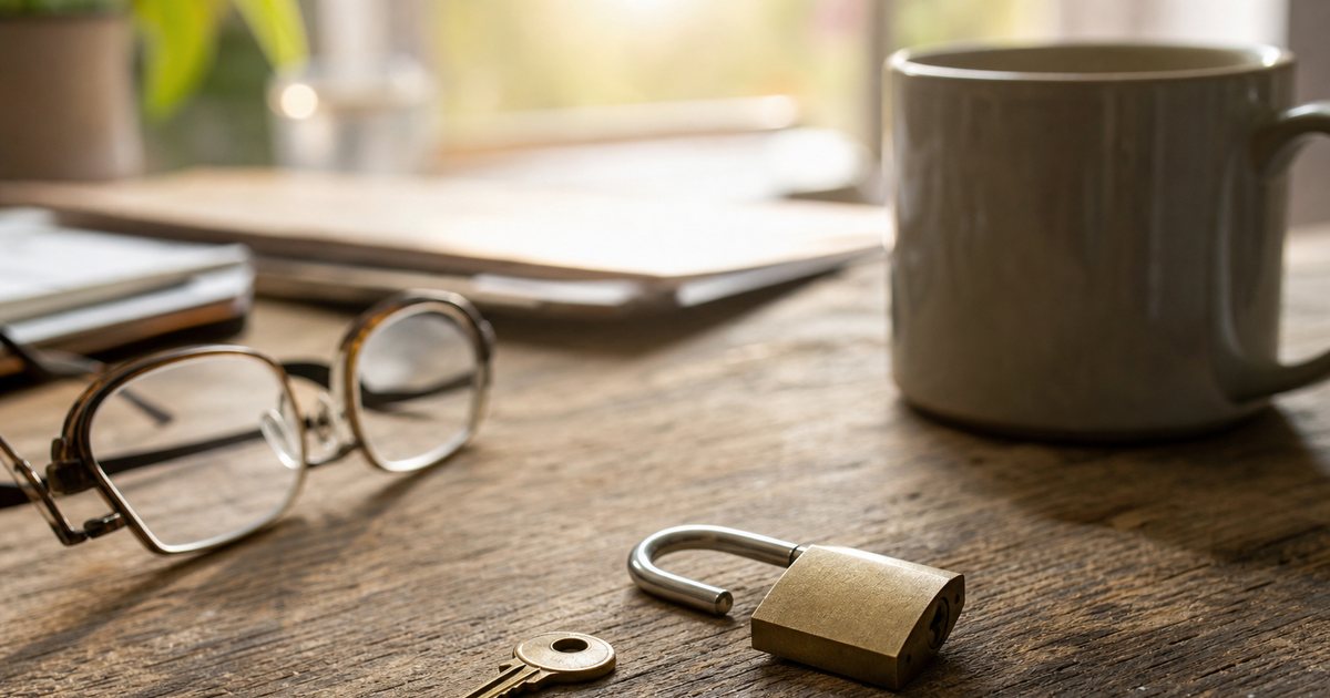 Close-up of a small brass key and an open padlock resting on a worn wooden desk beside folded reading glasses and a ceramic mug, warm morning window light, shallow depth of field
