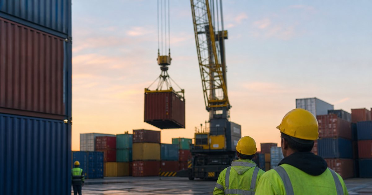 Rows of stacked shipping containers at a port at dawn with a single crane lifting one container, dock workers in high-visibility vests in the foreground