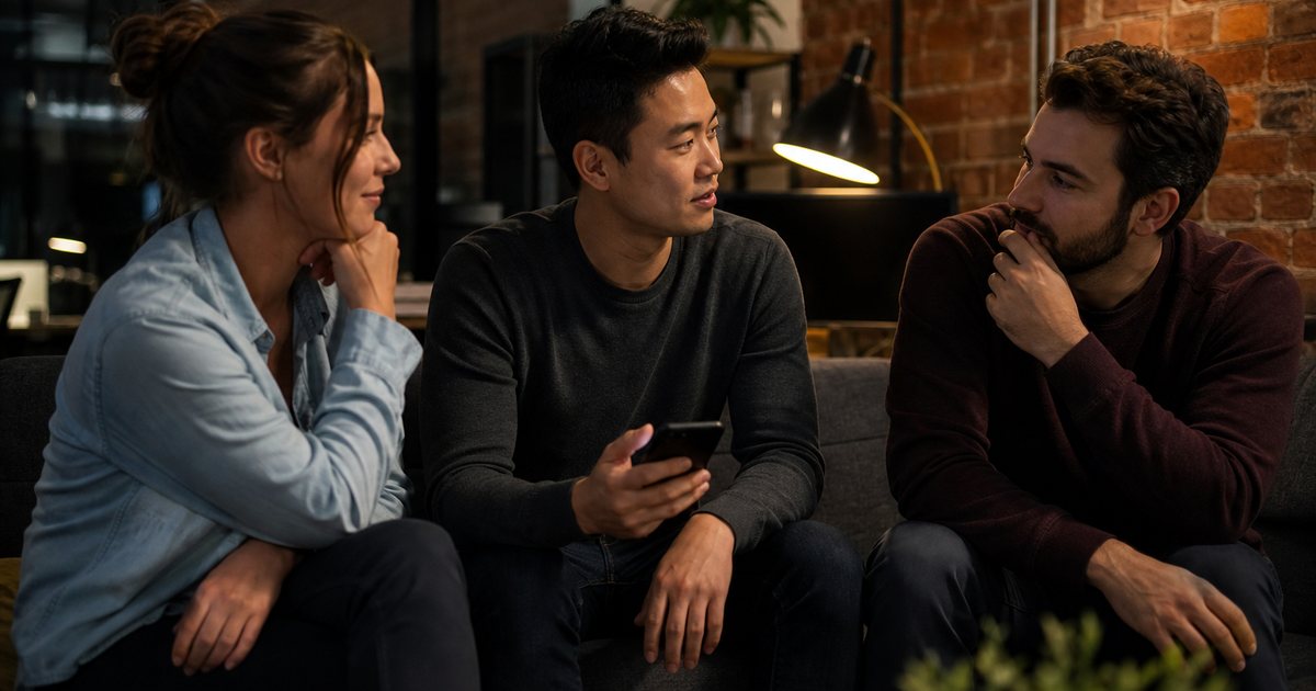 Three coworkers sitting on a couch in a small startup office late in the evening, one holding a phone, warm lamp light, exposed brick wall behind them