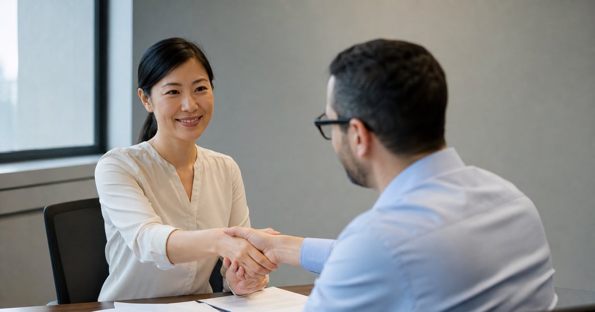 Two people in business casual clothing shaking hands across a wooden table in a small conference room, blank sheets of paper and pens between them, soft window light