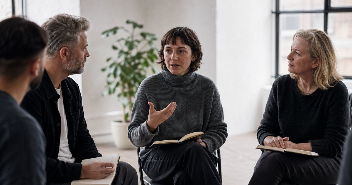 A small group of people sitting in a circle on chairs in a bright loft, talking seriously, paper notebooks on their laps