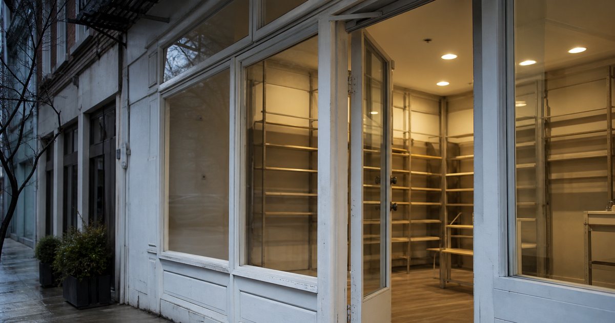 A small shop with its lights on and front door propped open but completely empty shelves inside, viewed from the sidewalk on an overcast afternoon